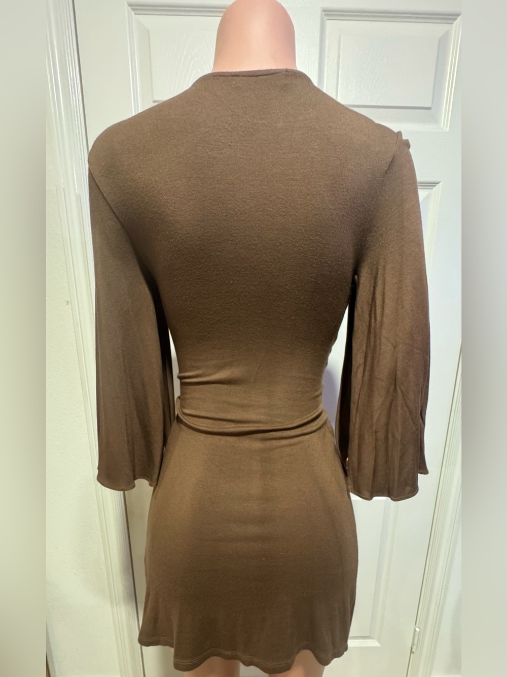 Sky Brand Brown Deep V-Neck Mini Dress with Decorative Waist Accent Sz S - Picture 10 of 11